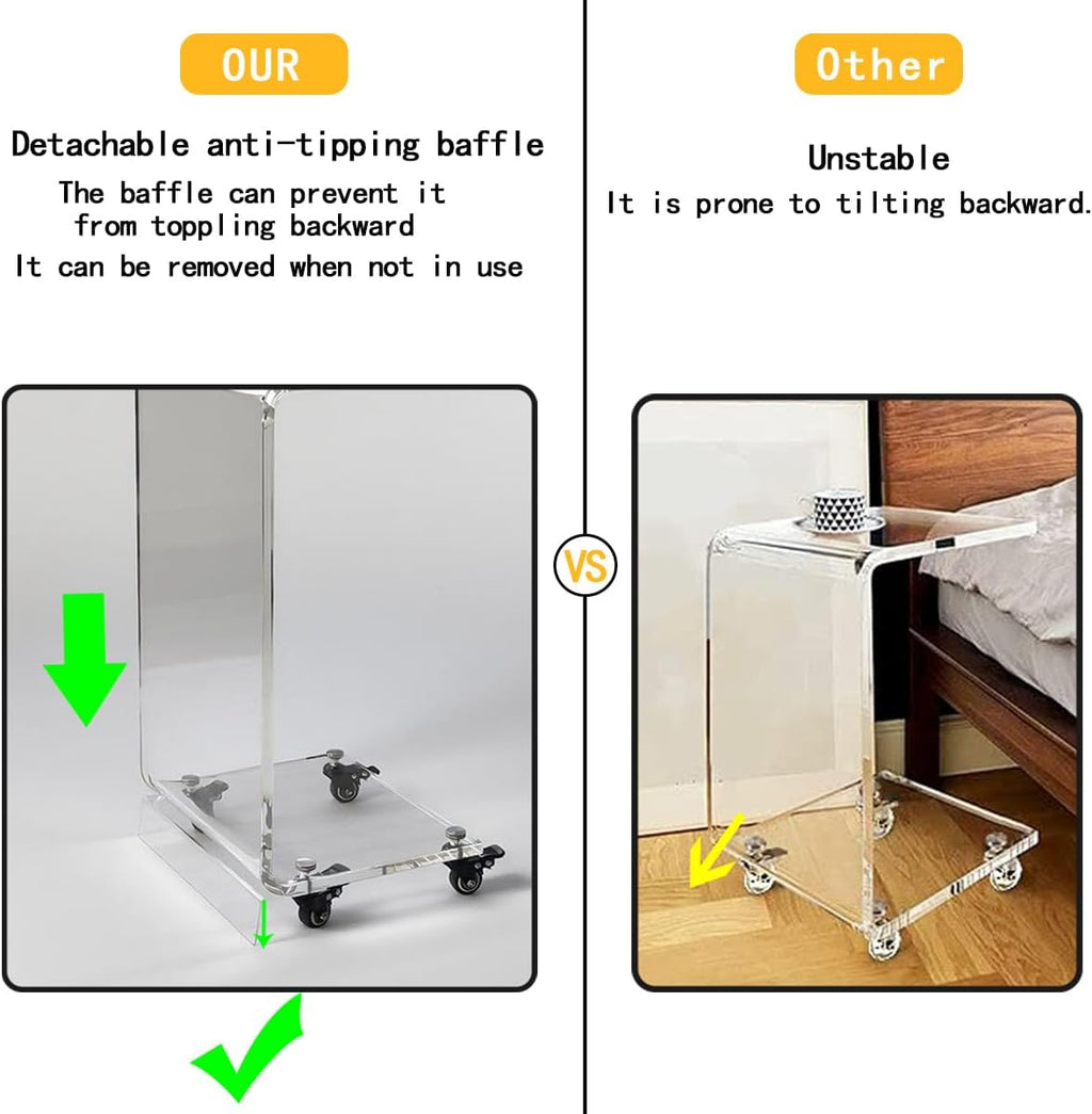 Anti-tipping baffle feature on the acrylic C-table, preventing backward tilting, compared to an unstable competitor's model.