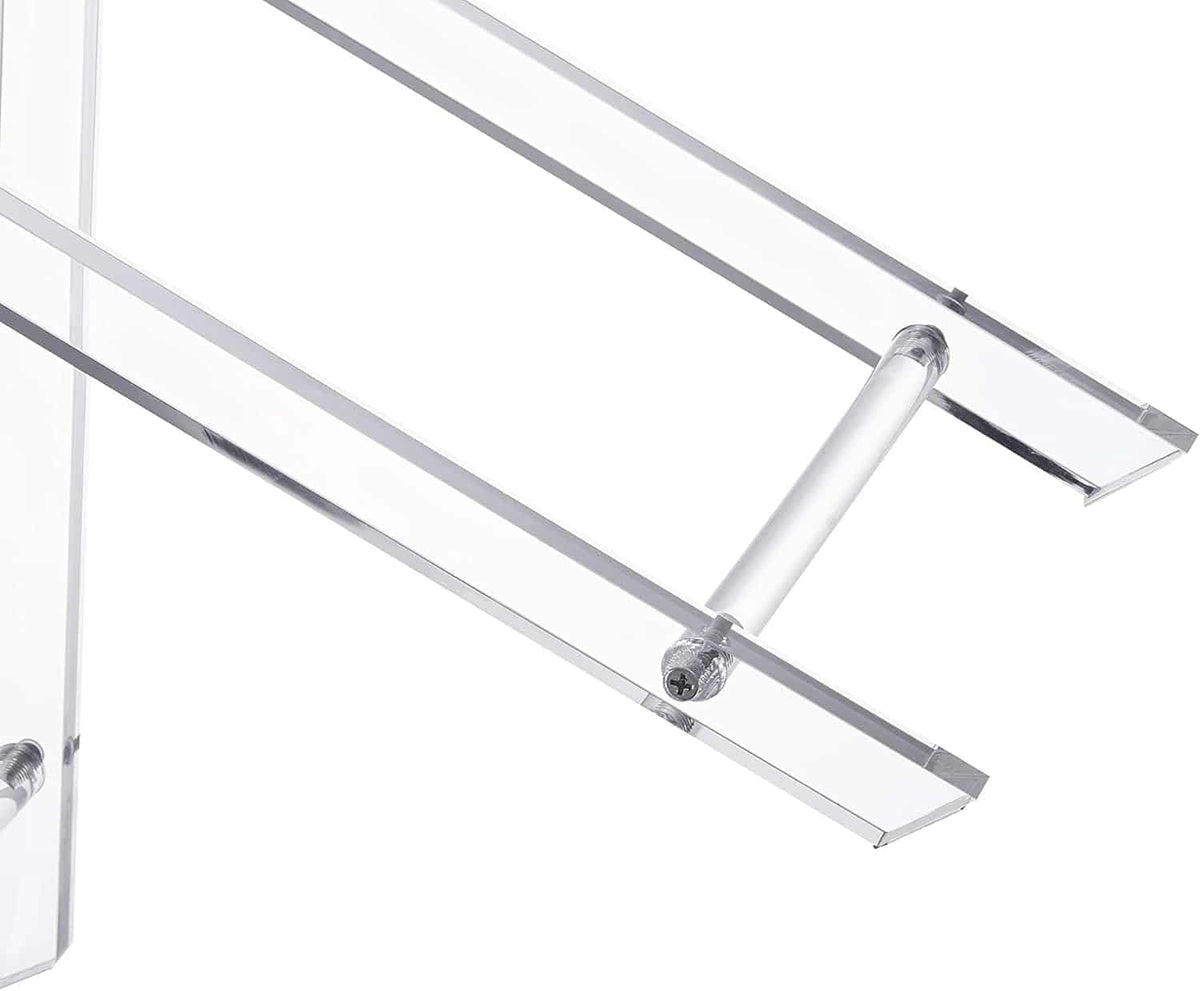 Close-up of the acrylic table's cross-brace support, demonstrating its stable, foldable frame