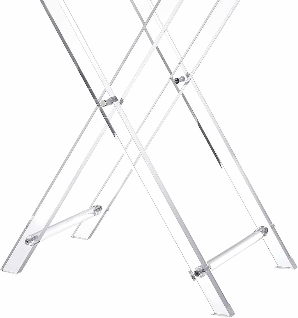Full view of the acrylic table's X-shaped foldable frame, highlighting its lightweight yet durable design