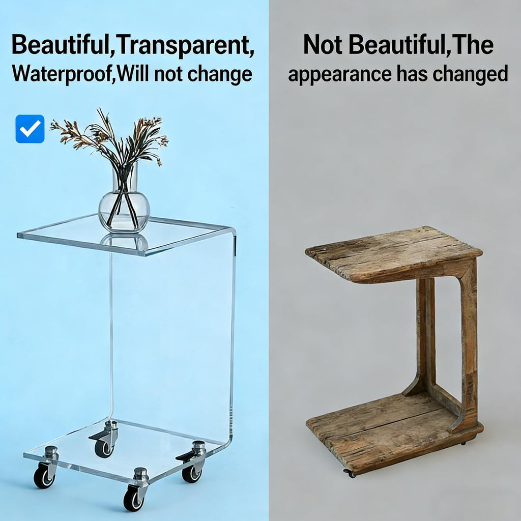 Comparison between our transparent, waterproof acrylic table and a weathered wooden alternative, highlighting durability and aesthetics.