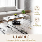 Clear acrylic coffee table with integrated waterfall legs, highlighting its sturdy, one-piece construction and low-maintenance finish