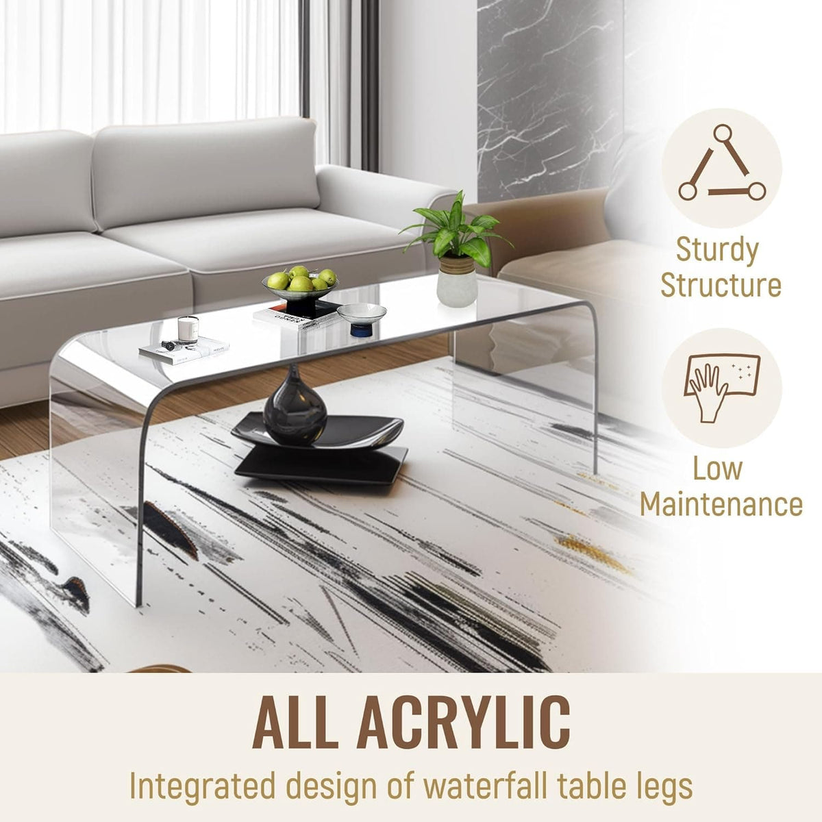 Clear acrylic coffee table with integrated waterfall legs, highlighting its sturdy, one-piece construction and low-maintenance finish