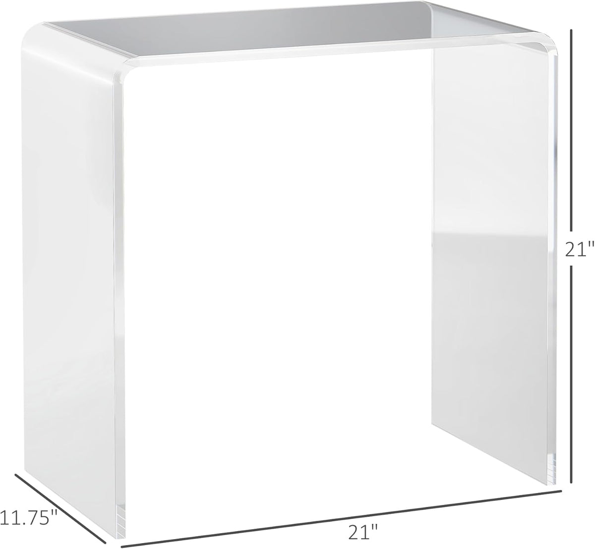 Dimension diagram of the U-shaped acrylic side table: 21" x 11.75" x 21", highlighting its compact, square footprint