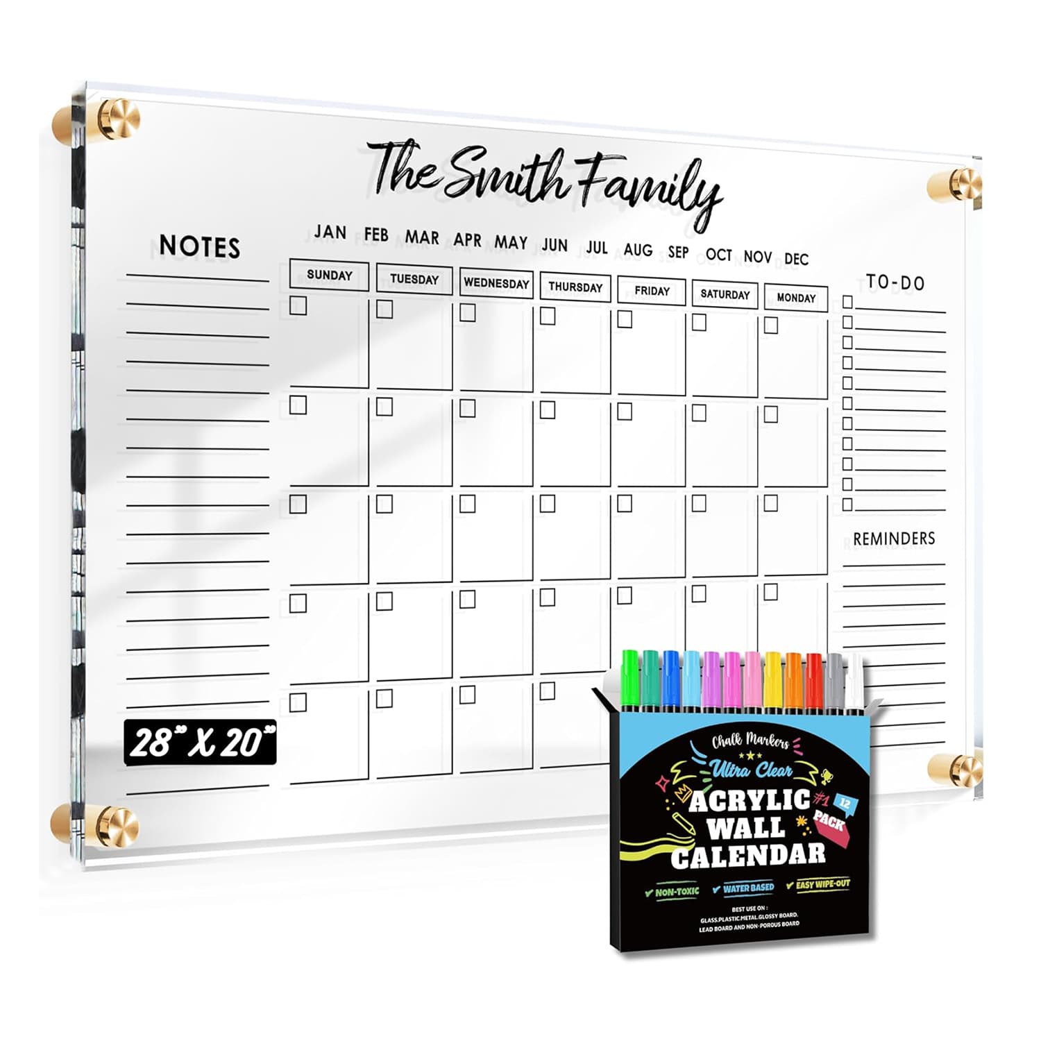 Transparent acrylic wall calendar set with erasable markers, customizable top area for family name