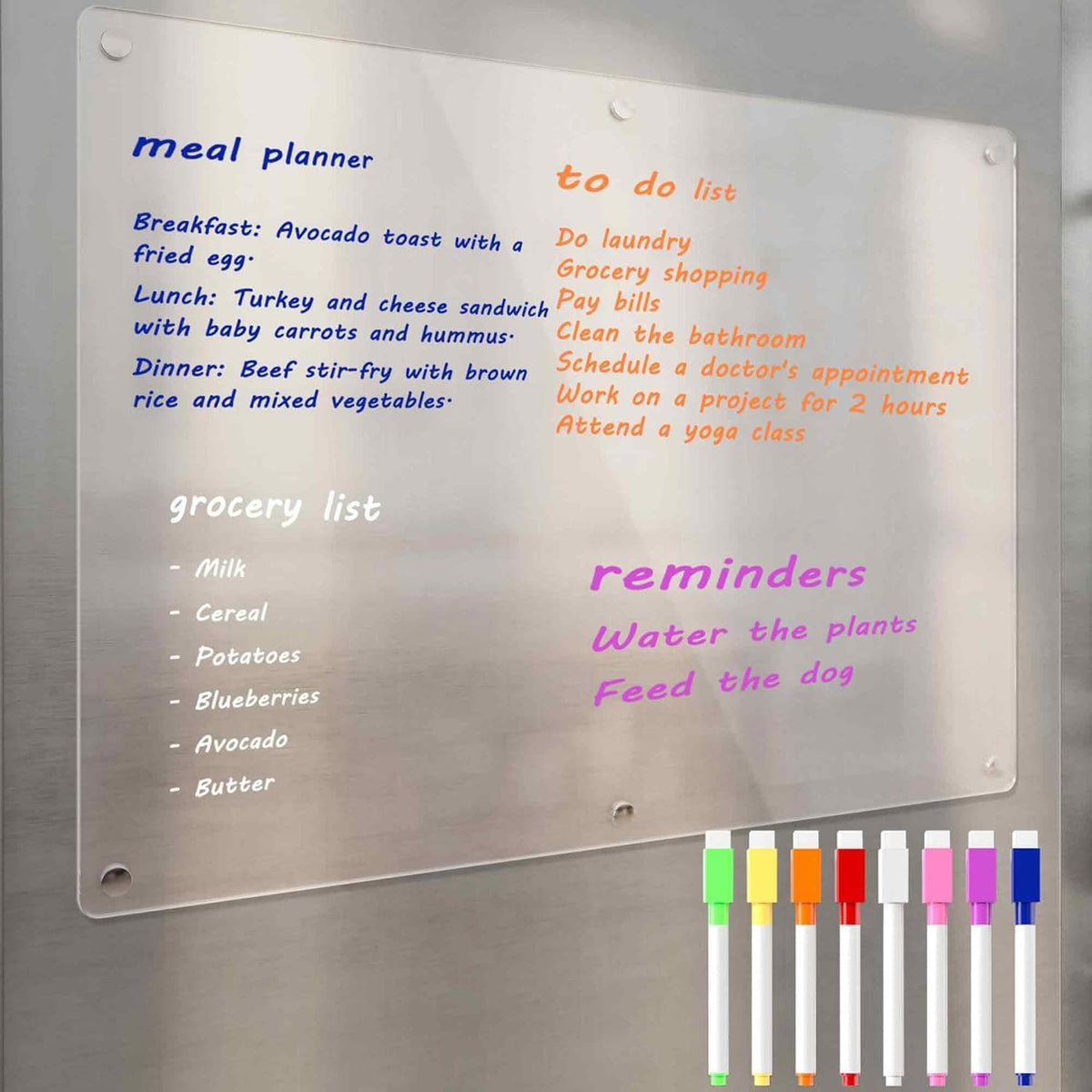 Acrylic whiteboard used as a meal planner, to-do list, grocery list, and reminder board