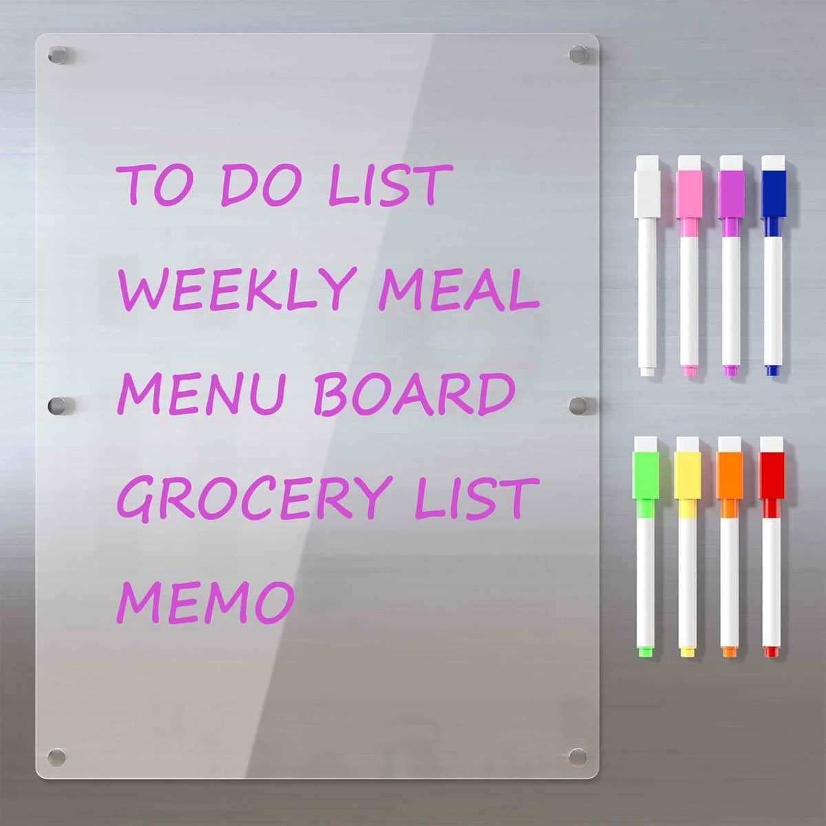 Clear acrylic whiteboard with labels showing its uses: to-do list, weekly meal planner, grocery list, and memo board