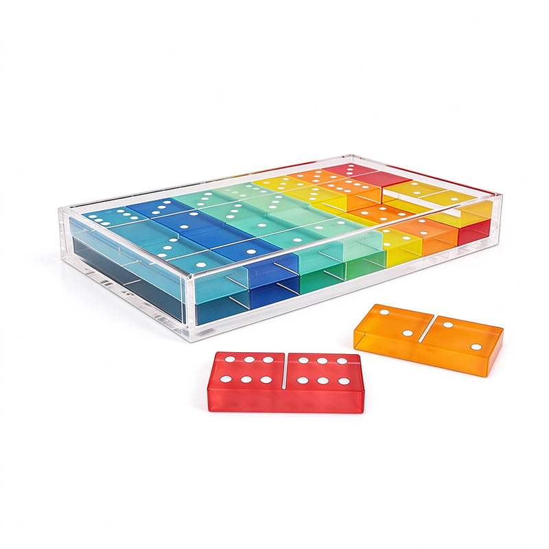 Rainbow acrylic domino game set in clear acrylic storage box with loose domino tiles on white background
