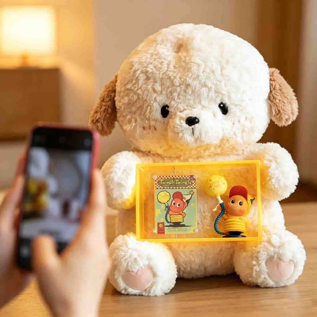 Lifestyle shot of yellow acrylic figure display box, collectible toy showcase, home decor aesthetic