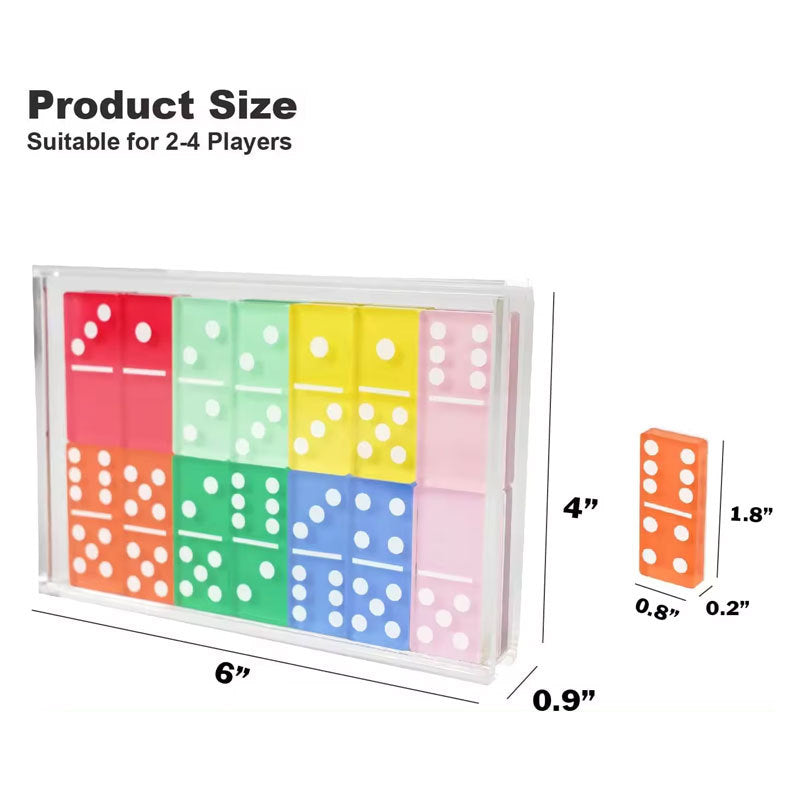 Product size chart of colorful acrylic dominoes with clear acrylic box, for 2-4 players