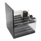 Back side view of dual-layer acrylic cosmetic display stand, black base and clear acrylic shelves