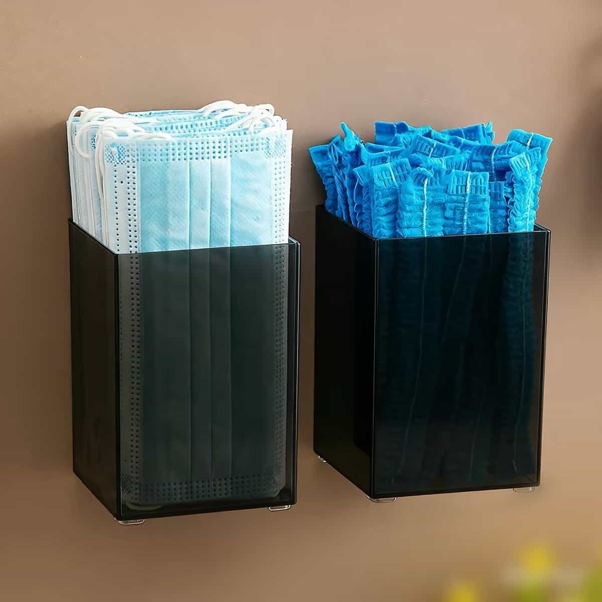 Smoke black acrylic wall‑mount storage box for masks and bouffant hair caps