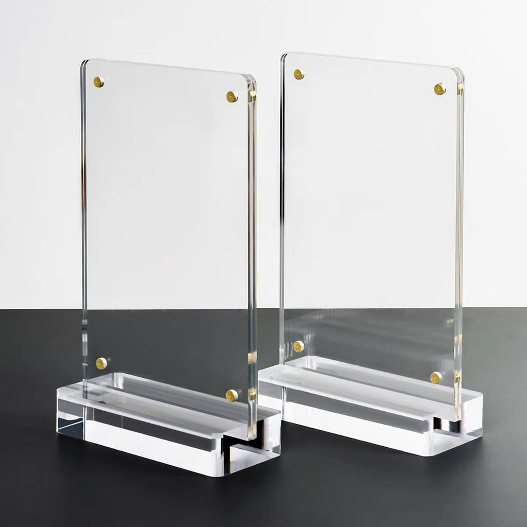 Blank empty acrylic magnetic photo frames, vertical table display stand, no inner paper, gold magnet screws