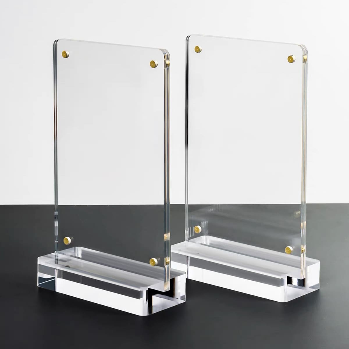 Blank empty acrylic magnetic photo frames, vertical table display stand, no inner paper, gold magnet screws