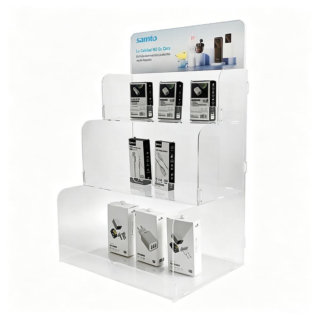 Clear acrylic 3-tier countertop display stand with custom header sign, designed for electronic accessories and retail product display