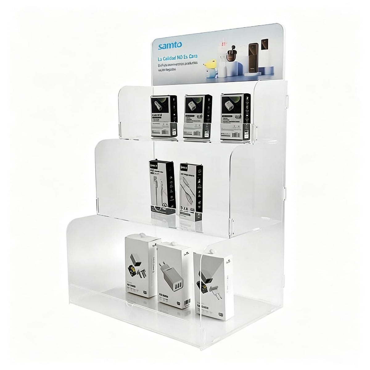 Clear acrylic 3-tier countertop display stand with custom header sign, designed for electronic accessories and retail product display
