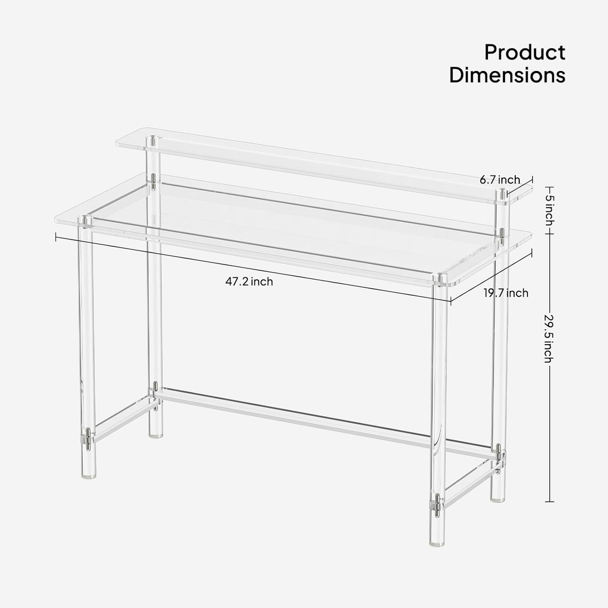 Product dimensions of large size clear acrylic desk (47.2" W x 19.7" D)