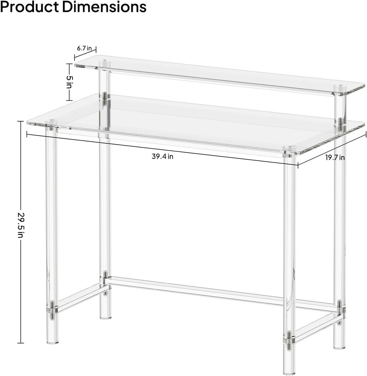 Product dimensions of medium size clear acrylic desk (39.4" W x 19.7" D)