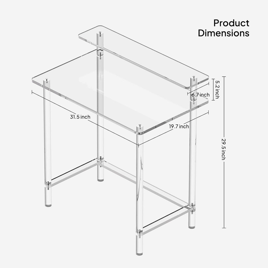 Product dimensions of small size clear acrylic desk (31.5" W x 19.7" D)