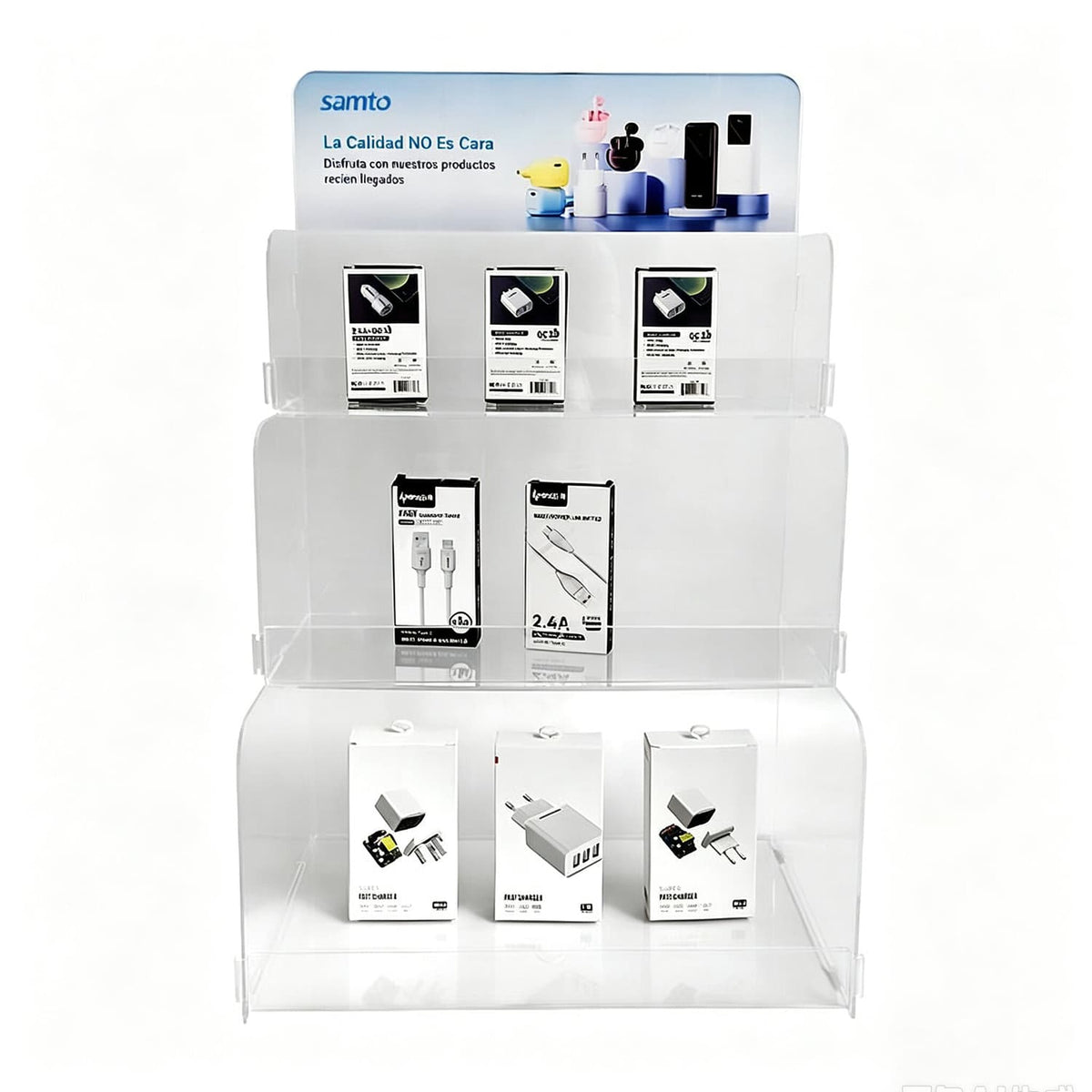 Clear acrylic countertop display stand with USB cables, chargers and electronic accessories packaging, custom printed header board