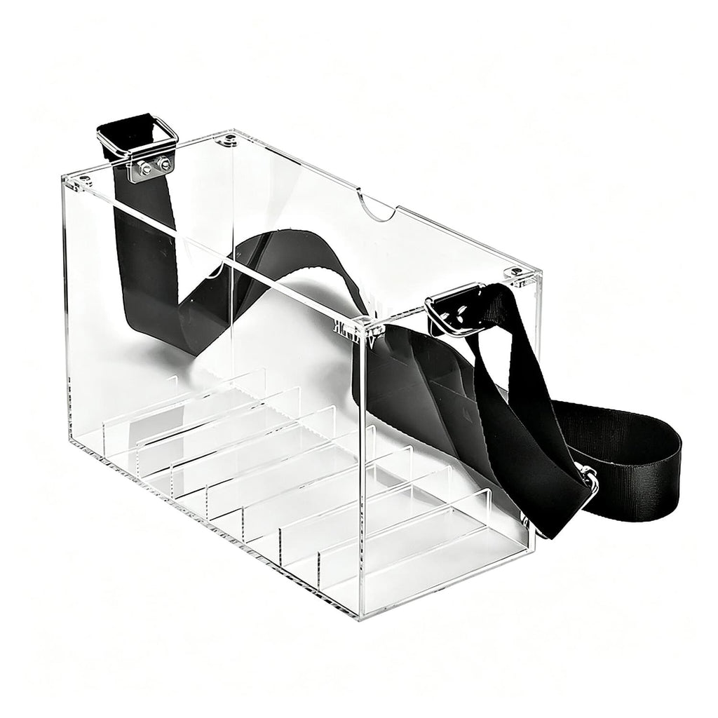 Clear divided acrylic display box with removable black shoulder strap, multiple inner compartments, white background custom acrylic storage case