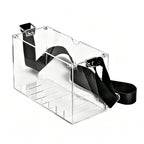 Clear divided acrylic display box with removable black shoulder strap, multiple inner compartments, white background custom acrylic storage case