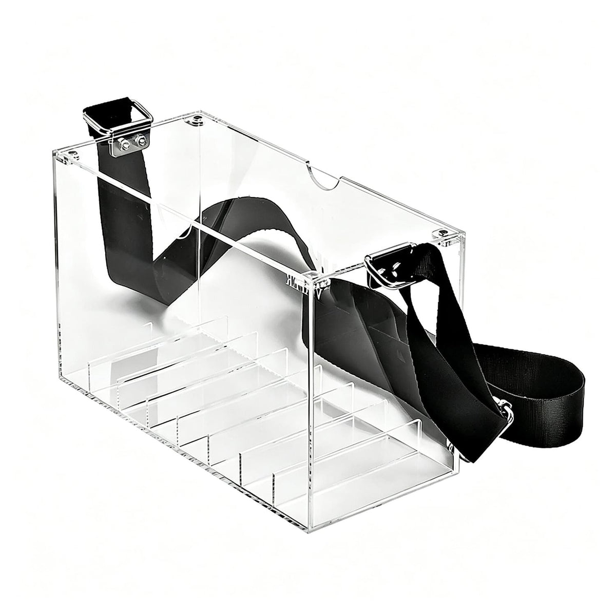 Clear divided acrylic display box with removable black shoulder strap, multiple inner compartments, white background custom acrylic storage case
