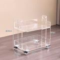 Clear acrylic double tier rolling storage trolley with casters and handles, dimension marked: total height 40.8cm, length 37cm, width 25.5cm, mobile cosmetic organizer cart