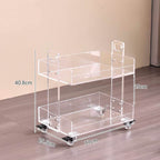 Clear acrylic double tier rolling storage trolley with casters and handles, dimension marked: total height 40.8cm, length 37cm, width 25.5cm, mobile cosmetic organizer cart
