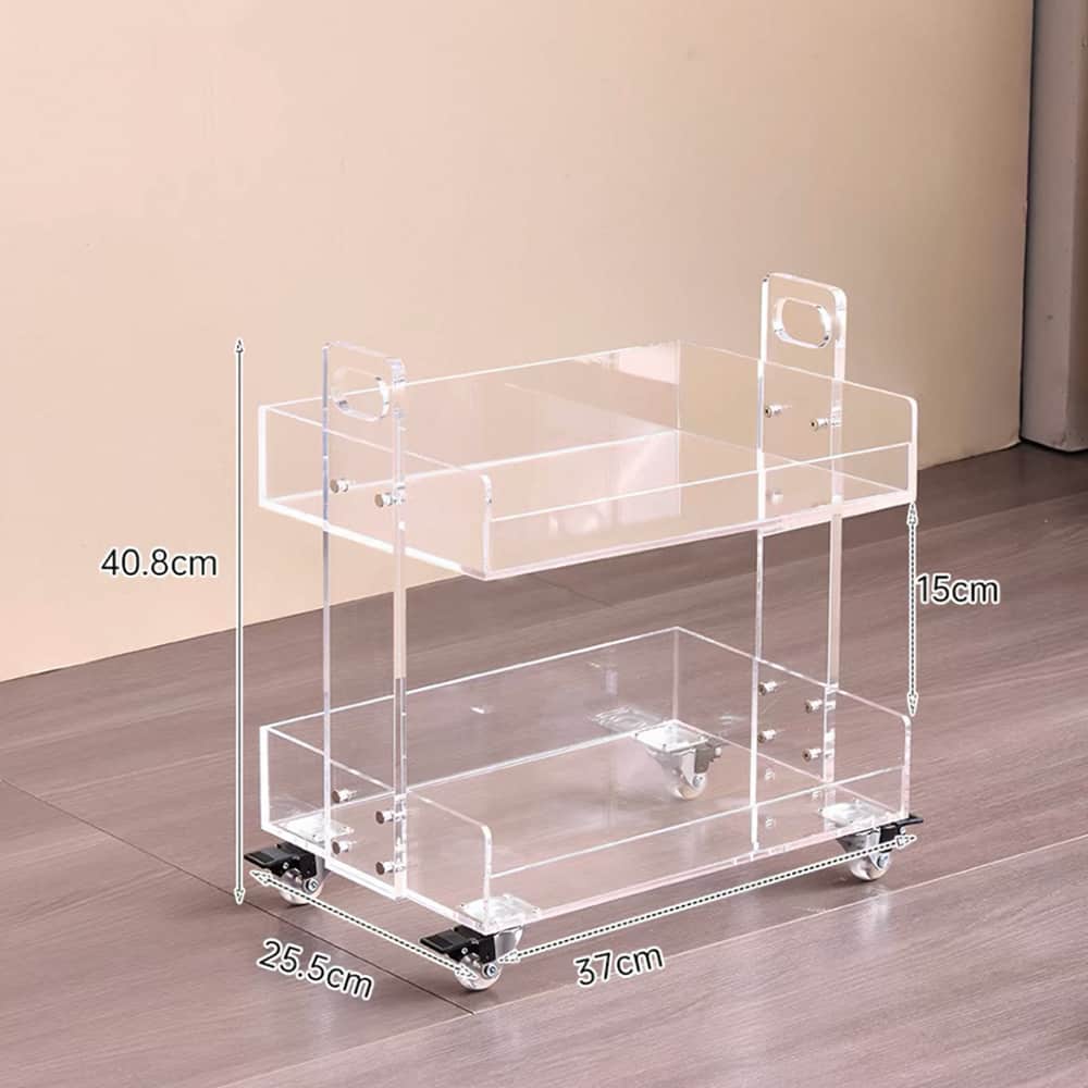 Clear acrylic double tier rolling storage trolley with casters and handles, dimension marked: total height 40.8cm, length 37cm, width 25.5cm, mobile cosmetic organizer cart