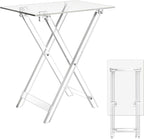 Clear acrylic foldable side table shown open and folded, highlighting its space-saving design and transparent construction