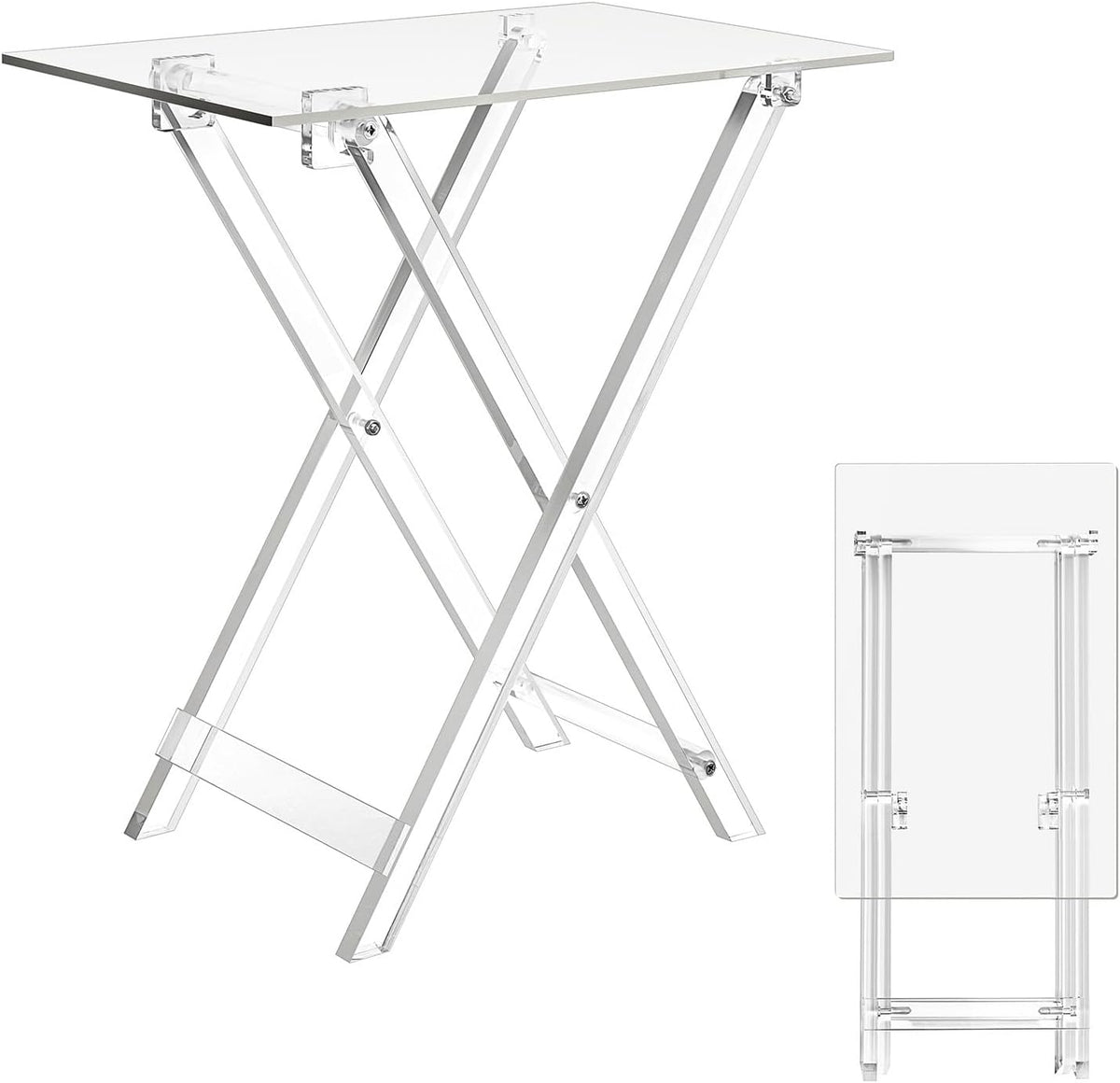 Clear acrylic foldable side table shown open and folded, highlighting its space-saving design and transparent construction