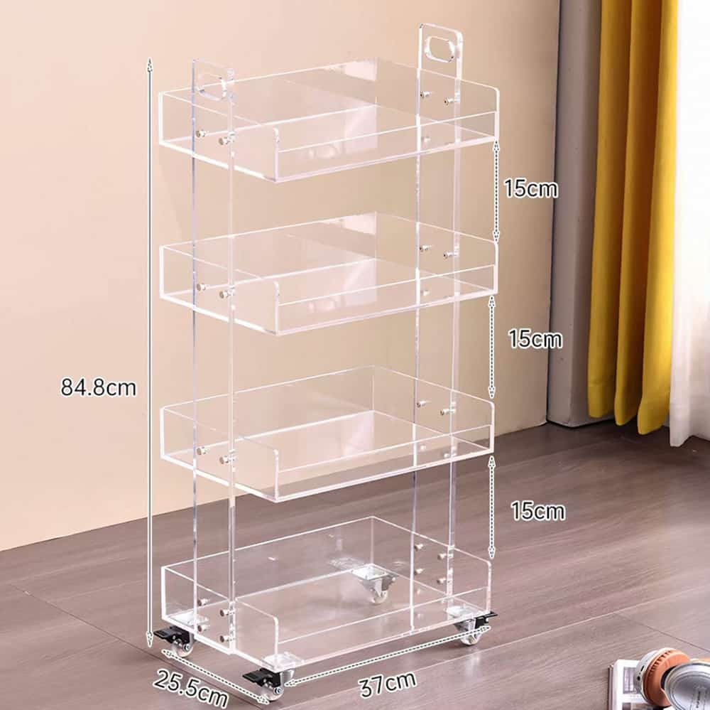 Four tier clear acrylic rolling trolley with handles and lockable wheels, overall height 84.8cm, compartment height 15cm, multi-layer storage organizer
