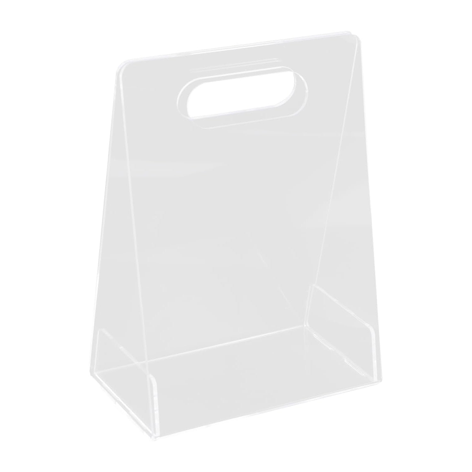 Empty clear acrylic handheld flower box with a cutout handle, minimalist design
