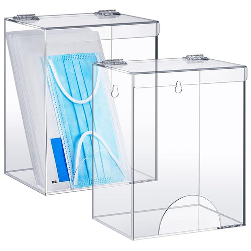 Set of 2 clear acrylic dispensers, one holding face masks and one empty, with hinged lids and wall-mounting features