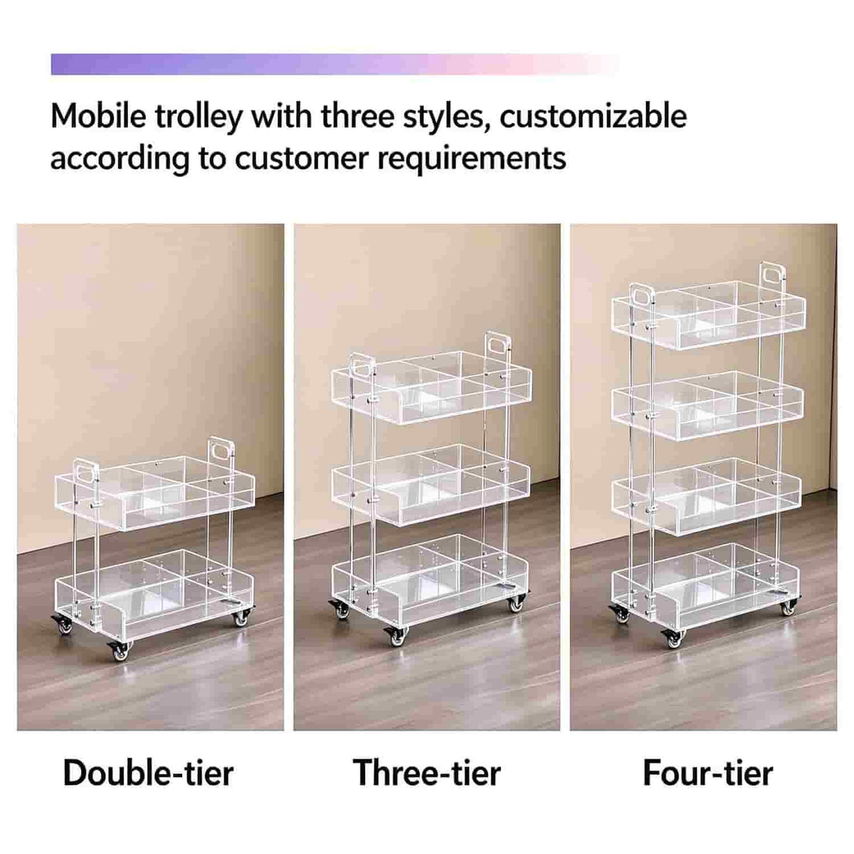 2-tier,3-tier,4-tier clear acrylic rolling storage trolley with lockable wheels, mobile organizer cart for salon and home