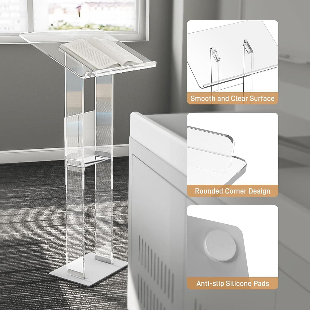 Close-up details of a clear acrylic podium, highlighting its smooth surface, rounded corner design, and anti-slip silicone pads for stability