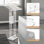 Close-up details of a clear acrylic podium, highlighting its smooth surface, rounded corner design, and anti-slip silicone pads for stability