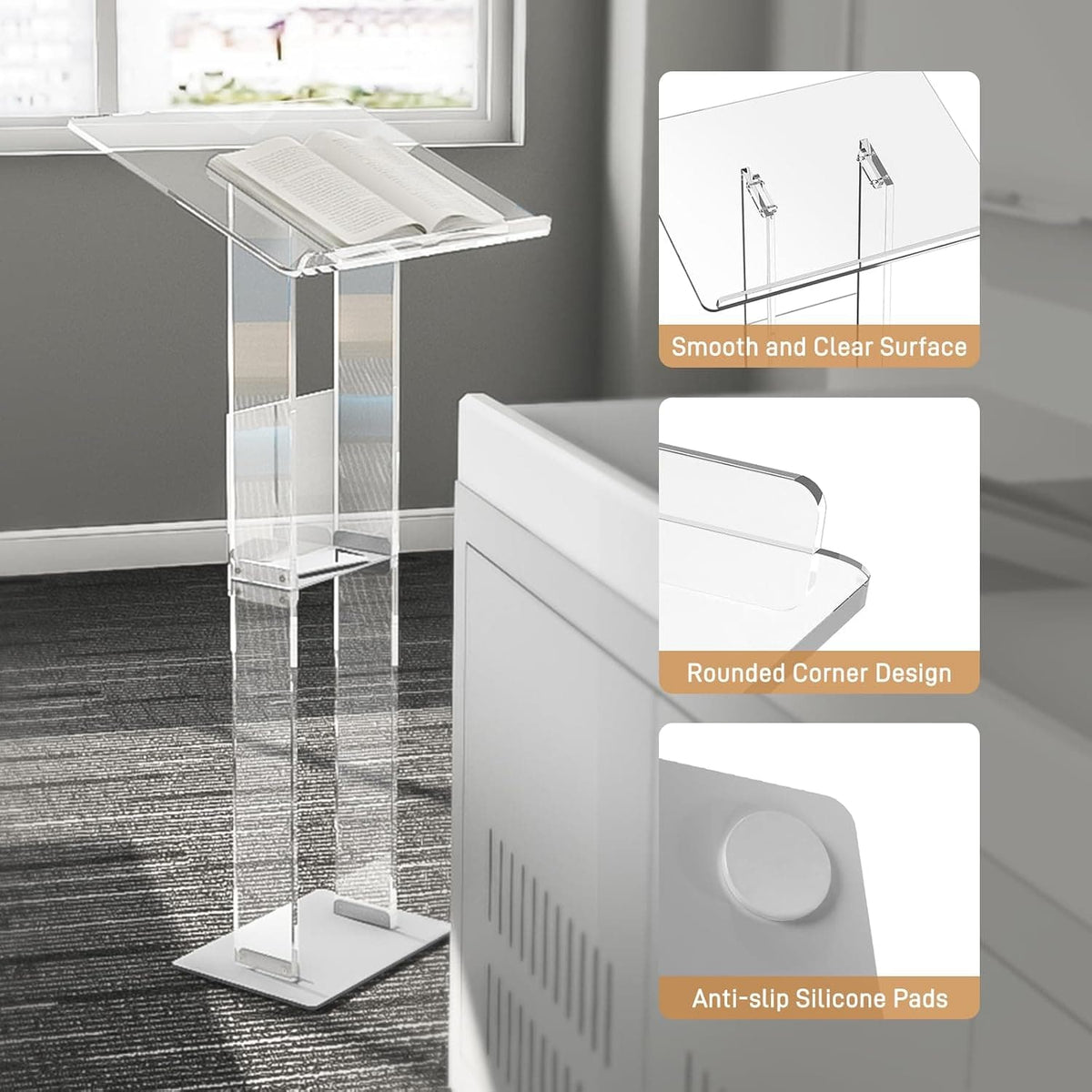 Close-up details of a clear acrylic podium, highlighting its smooth surface, rounded corner design, and anti-slip silicone pads for stability