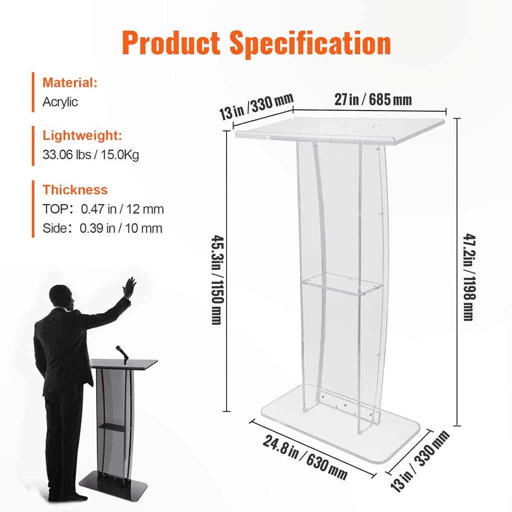 Detailed product specification diagram of a 47.2-inch clear acrylic podium, showing dimensions (27" W x 13" D desktop, 24.8" W x 13" D base), 12mm thick top, 10mm side panels, and 33.06 lbs weight
