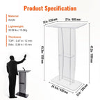 Detailed product specification diagram of a 47.2-inch clear acrylic podium, showing dimensions (27" W x 13" D desktop, 24.8" W x 13" D base), 12mm thick top, 10mm side panels, and 33.06 lbs weight