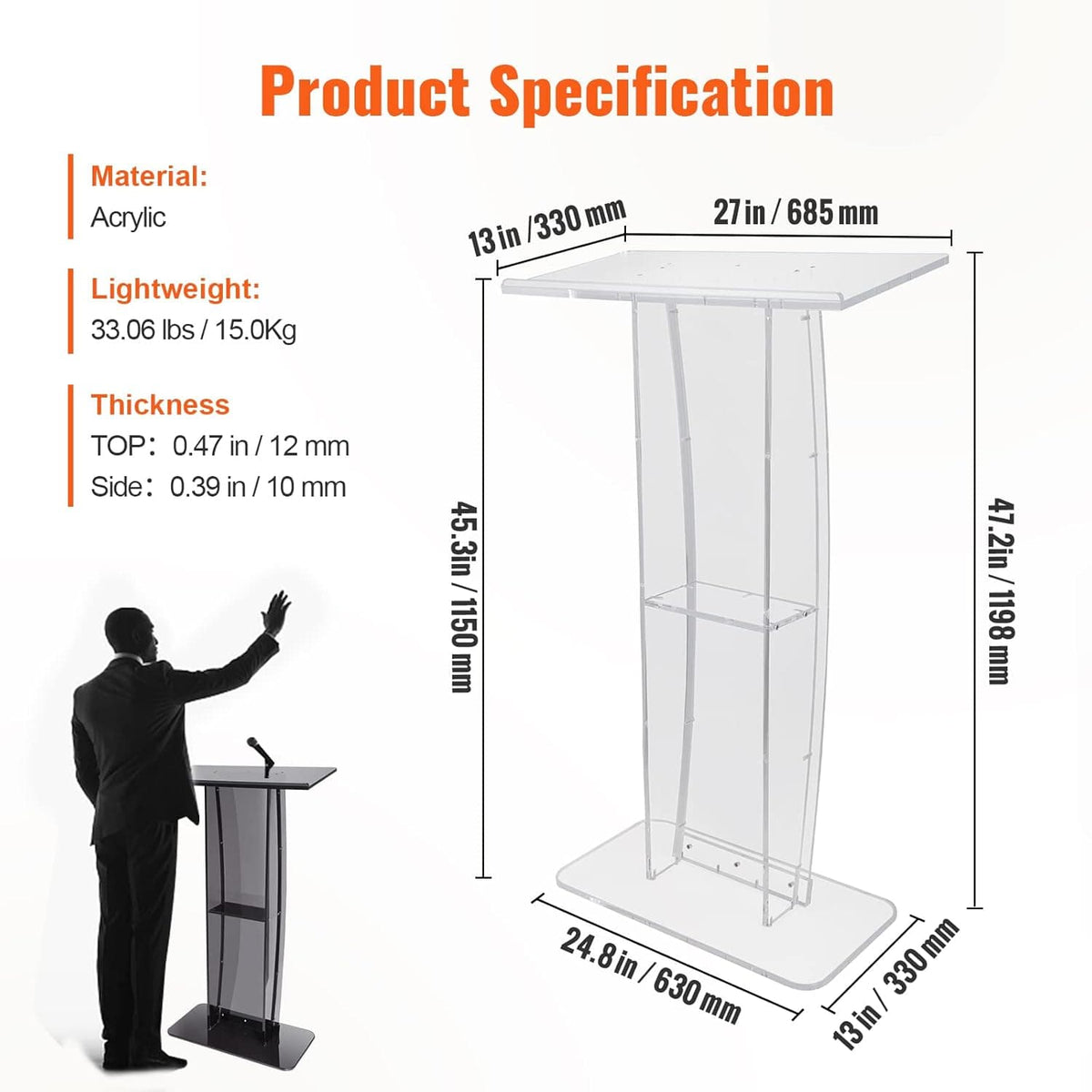 Detailed product specification diagram of a 47.2-inch clear acrylic podium, showing dimensions (27" W x 13" D desktop, 24.8" W x 13" D base), 12mm thick top, 10mm side panels, and 33.06 lbs weight