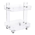 Front view of 2-tier clear acrylic rolling cart with handle and lockable wheels
