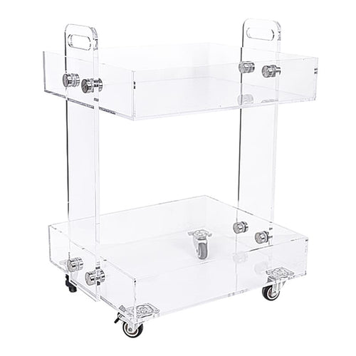 Front view of 2-tier clear acrylic rolling cart with handle and lockable wheels