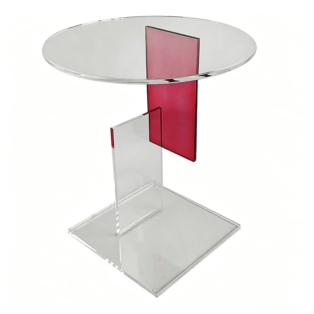 Clear round acrylic end table with pink acrylic accent panel, modern geometric side table, empty, white background