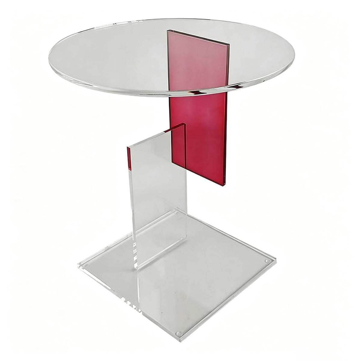 Clear round acrylic end table with pink acrylic accent panel, modern geometric side table, empty, white background