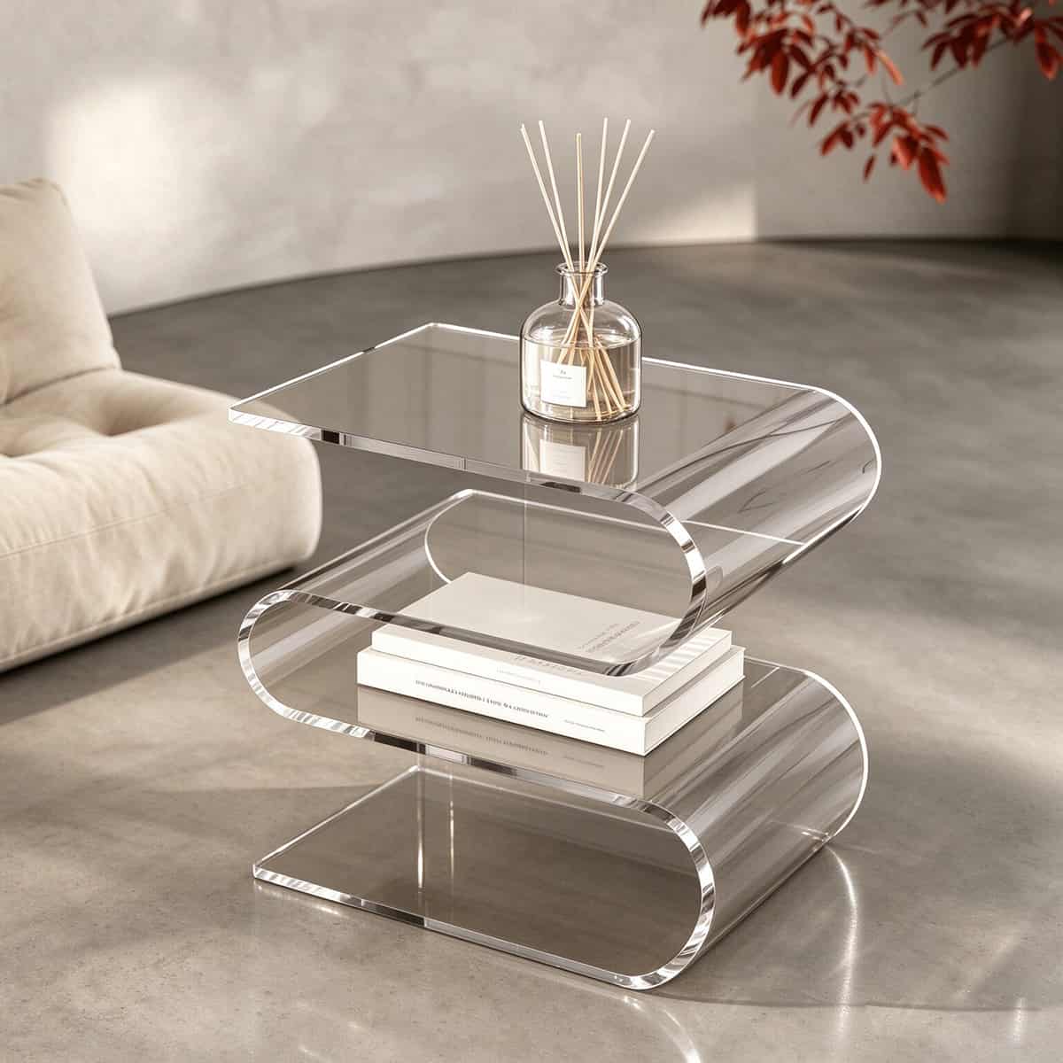 Clear transparent acrylic S shape side table, modern curved 3-tier nightstand beside sofa