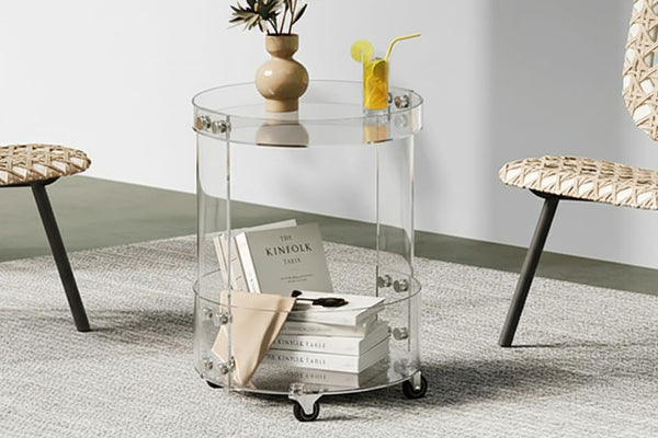 Clear Acrylic Rolling Side Table | Modern 2-Tier Round End Table for Living Room & Bedroom