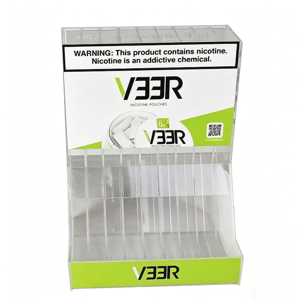 Front view clear acrylic slotted countertop display holder for retail nicotine pouches