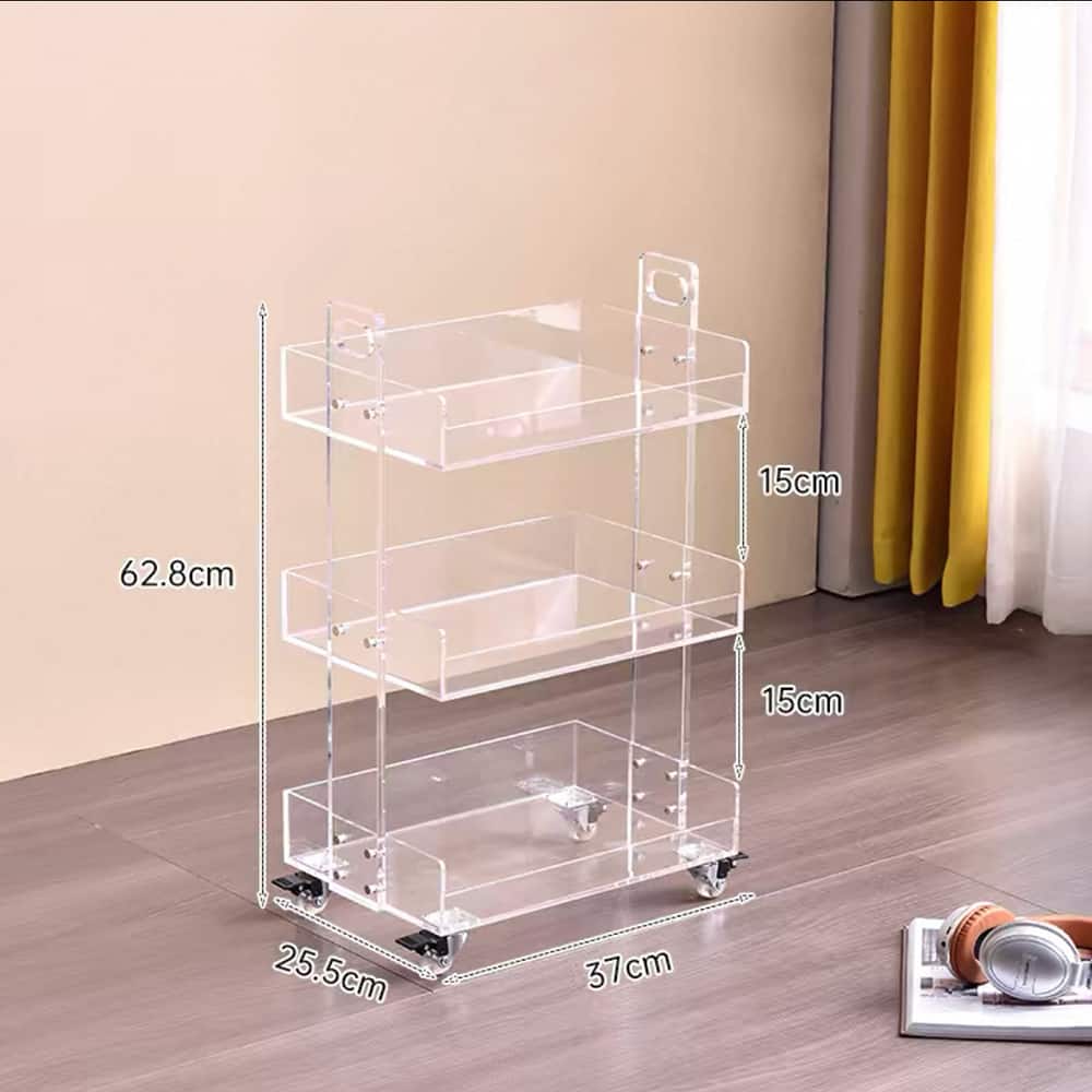 3-tier clear acrylic mobile storage cart on wheels, total height 62.8cm, each shelf height 15cm, 37cm × 25.5cm base, salon makeup trolley