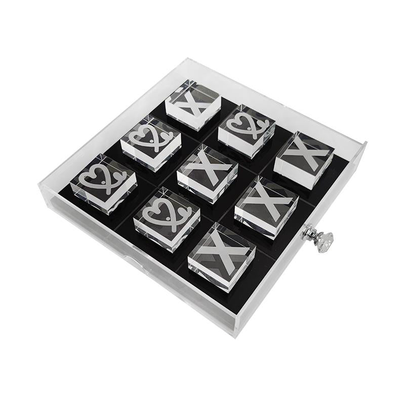 Clear acrylic tic tac toe game set, 9 engraved acrylic X O blocks with transparent acrylic storage drawer box, family tabletop board game